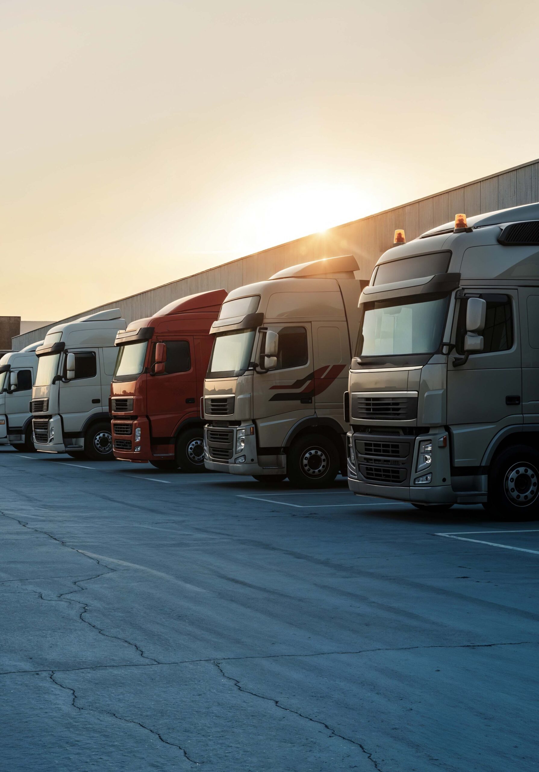 Semi trucks at border crossing at sunset